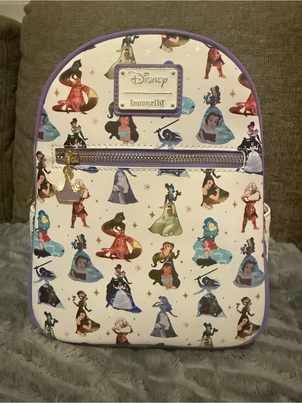 Loungefly White Mini Backpack with Purple Trim and Multicolor Princess Art